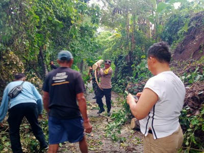 Bhabin Tusan bersama BPBD dan Warga Evakuasi Pohon Tumbang di Sema Agung